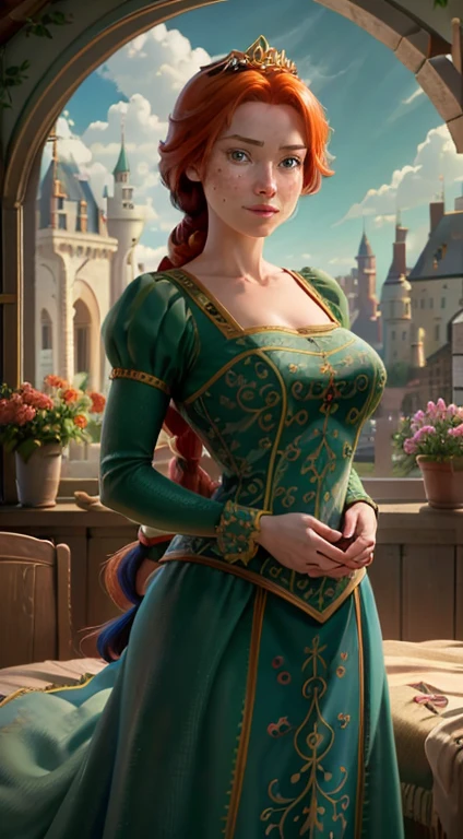 (FionaWaifu:1), 1girl, cute, cute pose, (long hair, tiara, red hair, braid, blue eyes, freckles, makeup), (green dress:1), curvy, looking at viewer, smile, :D, breast focus, leaning forward,
(detailed ladscape, castle, kingdom, big window, sky, flowers:1.2), (background:1), (dynamic_angle:1.2), (dynamic_pose:1.2), (rule of third_composition:1.3), (dynamic_perspective:1.2), (dynamic_Line_of_action:1.2), solo, wide shot,
(masterpiece:1.2), (best quality, highest quality), (ultra detailed), (8k, 4k, intricate), (full-body-shot:1), (Cowboy-shot:1.2), (50mm), (highly detailed:1.2),(detailed face:1.2), detailed_eyes,(gradients),(ambient light:1.3),(cinematic composition:1.3),(HDR:1),Accent Lighting,extremely detailed,original, highres,(perfect_anatomy:1.2),