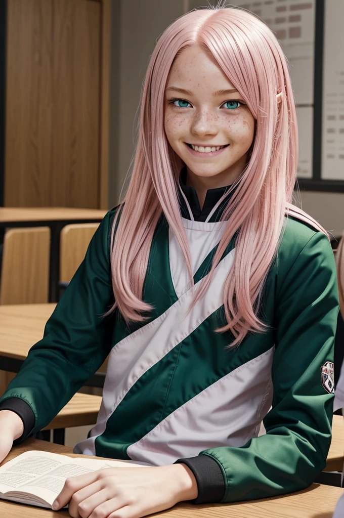 Screenshot of my hero academia. a young man of average height, with slightly long pale pink hair, Her right eye is emerald and her left eye is pink with a black heart mark and is full of freckles., has a smiling expression. He is wearing the UA uniform and in the background he has a UA School class and he is sitting at a table