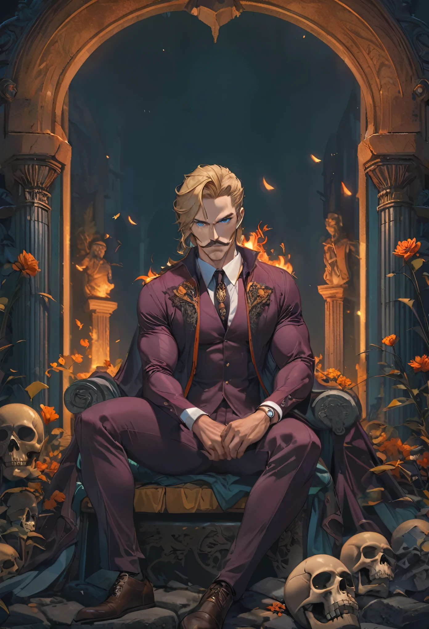 40 year handsome old elf, pale skin, blonde hair, abino skin, long straight hair, wearing elfin , sitting , mustache, piercing blue eyes, brown hair, pronounced brow ridge, strong jaw, high cheekbones, (complete body:1.5), sitting on a bed spreading his legs, very beefy muscles, bulging biceps, bulging triceps, bulging pectorals, bulging quads, bulging trapezoids, wide shoulders, bulging calves, bulging forearms, hairy, (giant:1.5), tall, solo person. Art deco masterpiece, alpha male, at night, skull, nightmare, fire, intricately detailed, sharp focus, extremely detailed, dark fantasy, glowing, colorful painting, rich color, HDR, octane render, digital illustration, cinematic light, sitting on the throne, Explore the beauty of a moonlit cemetery, with weathered tombstones, crypts, and the feeling that the spirits of the departed may not be at rest