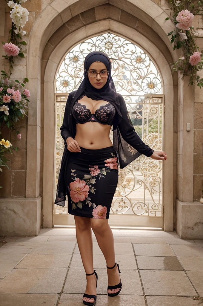 beautiful woman wearing a hijab with a floral motif, wearing glasses, big bra full body