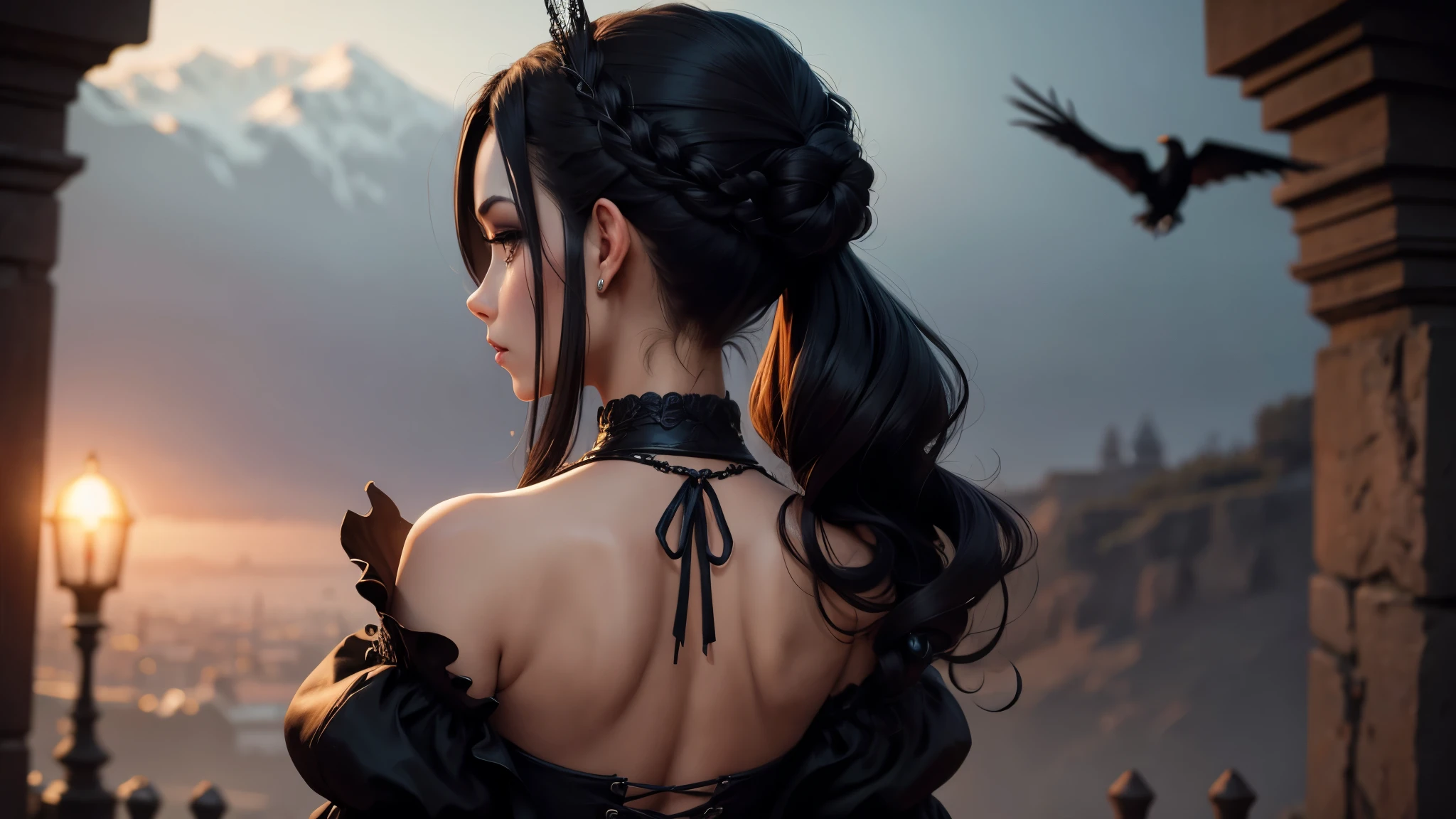1 Arafa is dressed in a witch costume with a crow on her shoulder, back view, cosplay on black harley queen, cosplay, close-up from behind, backlit, back view, amorant, The Witch of Castlevania, 2p, 2 p, visible from behind, looking from behind, with black braids, picture from behind
