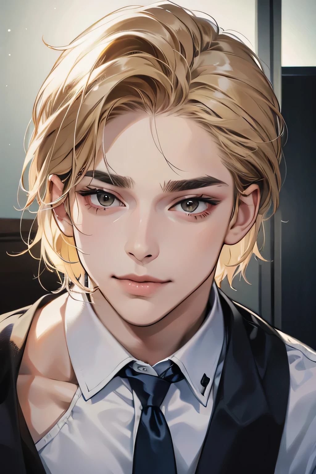 (table, digital art, digital illustration, 4K, 8 k, Super detailed, beautiful images, sharp image, realistic, Raw photo, perfect face, perfect lines, Perfect eyes, soft lighting) 1 male Human, (blonde,Brown eyes,hair between eyes,hair is dirty,short hair,inexpressive,goofy face,Parallel eyebrows,narrow eyes,smile tenderly,Human,28 years:1.3),ハンサムなmale性, (Human,Business Shirt,tie,Thin macho,Fixed shoulder width, male:1.2),small plants,sleepy face,Frantically opening my eyes,tie緩める,5 minutes before work,One life in 1LDK,Check hairstyles,in the room, sofa,Double sofa