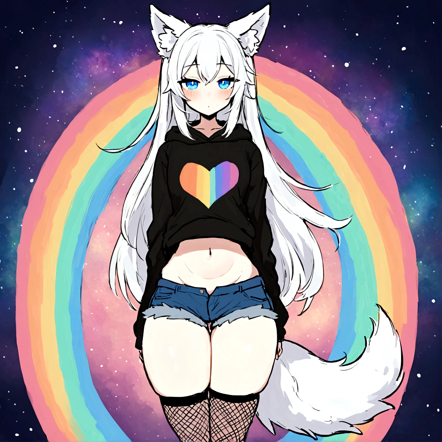 a cute adult male with wolf ears, long white hair, long locks, has a wolf tail, wearing a loose cropped black hoodie, wearing a pair of denim short shorts and fishnet stockings, thick thighs, wide hips, relaxing on mound of fluffy multi colored kawaii plushies, short, very slim, showing slender tummy, heart on hoodie, squishy thighs, has glowing blue eyes. alone, solo (ALONE)(SOLO), surrounded by rainbows, colorful galaxy backround