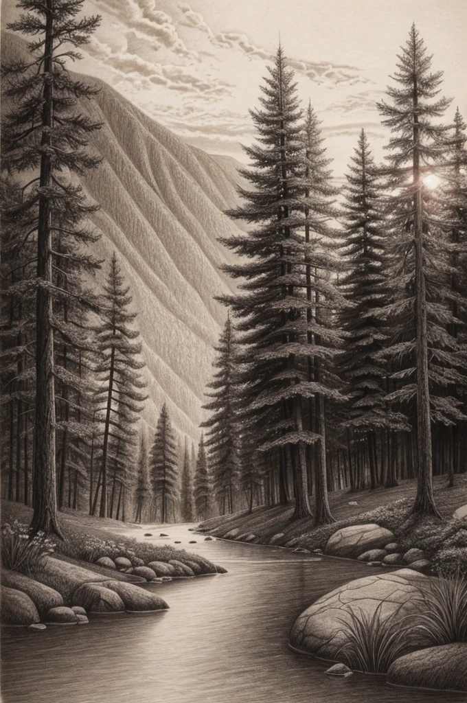 Pencil drawing of a forest landscape and sunset