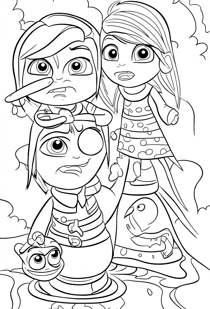 Create a coloring book with character joy from the "Inside Out 2" movie. Use black lines on a white background without any shading. Be creative and provide options.

