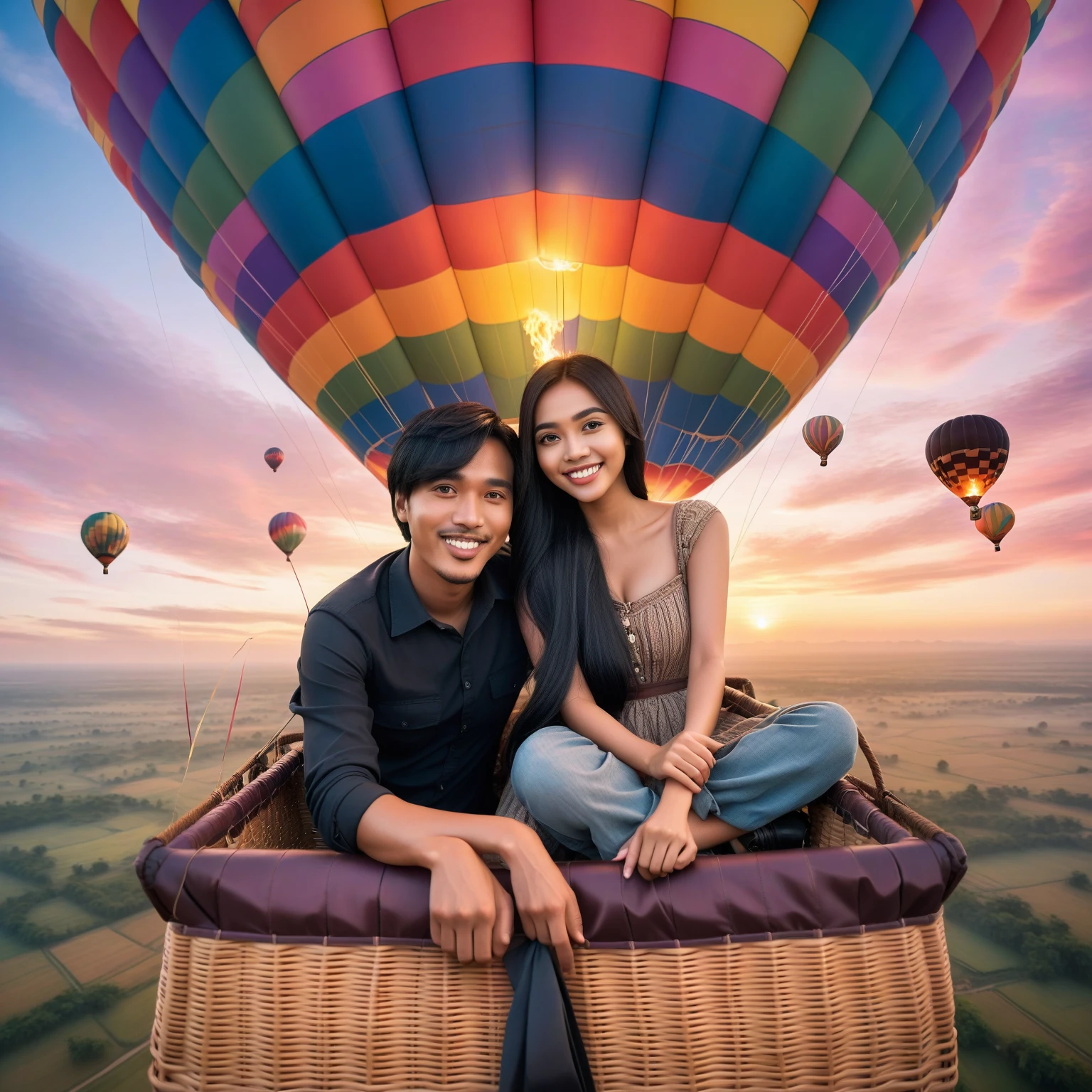 romantic Indonesian couple; man with short black hair; woman with long straight black hair, sitting in a basket with a hot air balloon, colorful hot air ballon, hanging from a hot air balloon, as an air balloon, flying towards the camera, stunning surrealist sky, depictation landscape, they are smilling, happy, romantic pose, taken on go pro hero8, flying in the air, hot air balloons, up, facing the camera, photorealistic, 1536px, high quality.