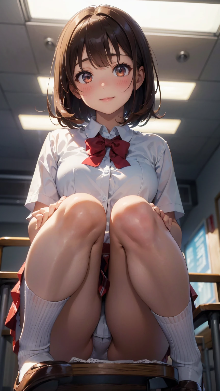 White panties、Brown Loafers、smile、Bright classroom、(((alone))),(((1 girl))),  Slim and beautiful thighs,  Highly detailed skin, masterpiece, Highest quality, 非常にDetailed face, Vibrant colors, Depth of written boundary, Cinema Lighting,, One girl, alone, Brown eyes, Brown Hair, hair ornaments,short hair,Red Check Skirt,blush, White shirt, masterpiece Highest quality High resolution、Sit with your knees bent、Beautiful feet 、On campus、As if looking up from below、Embarrassing,Browsing Caution,White panties,Camel Toe、((Tabletop, Highest quality, High resolution,  Pixel perfect, 4K, ))), 1 Girl, single, alone, Beautiful woman、I could see the whole body、 ((Short Wavy Hair, bangs, Brown Hair)), ((Brown eyes, Beautiful eyelashes, Realistic eyes)), ((Detailed face, blush:1.2)), ((Smooth texture:0.75, Realistic texture:0.65, Realistic:1.1, Anime CG Style)), Medium chest, Dynamic Angle, Perfect body, ((school uniform,  White shirt, Red Skirt, Unbuttoned shirt、Red Check Skirt、White socks)), An empty classroom、Sit at a desk、I took my feet off the desk.、smile、(Lift up your skirt with your right hand、Spread your legs、Knees wide open、white lace panties)、、(Cute Bra)、Angle from below
