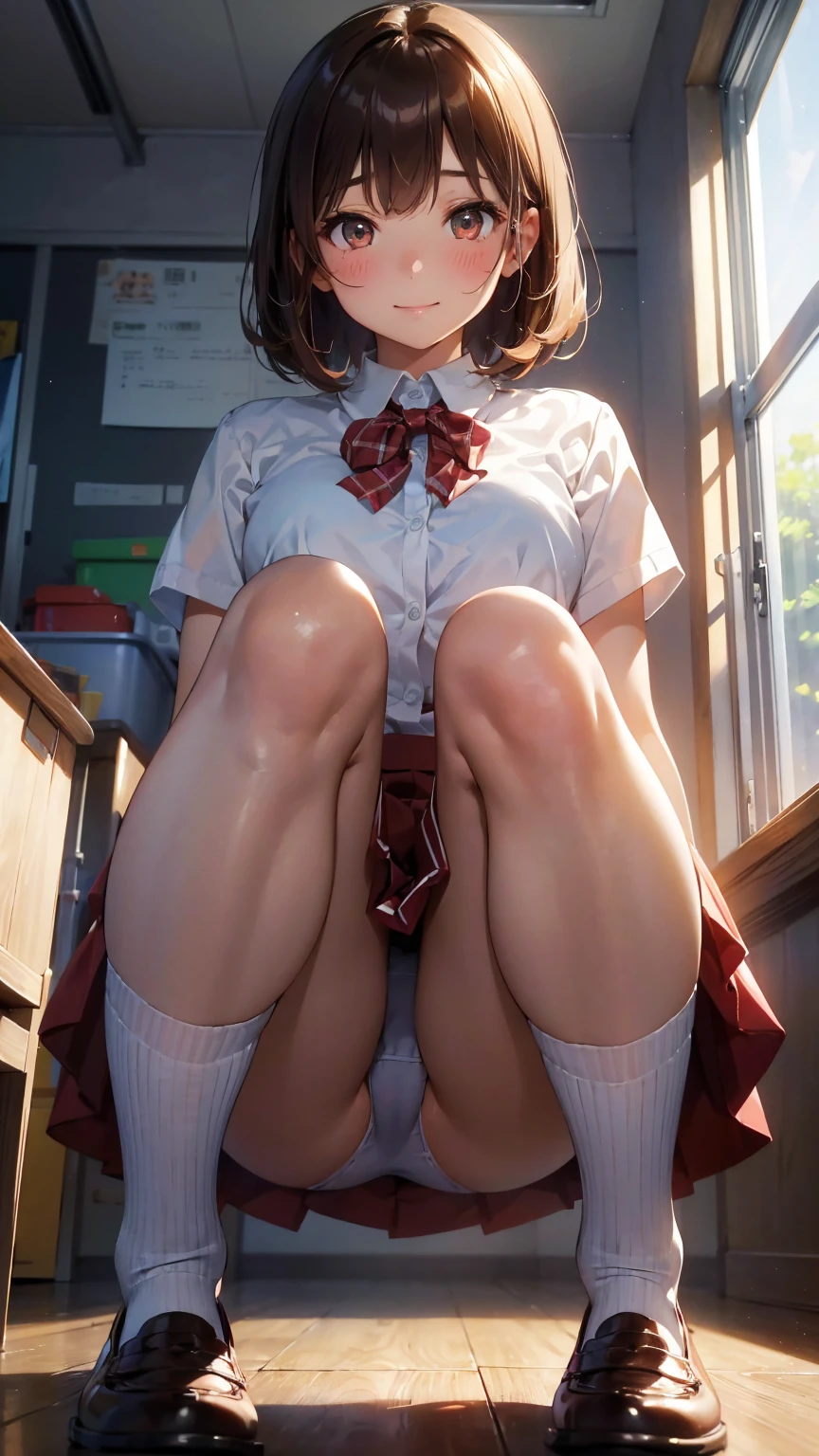 White panties、Brown Loafers、smile、Bright classroom、(((alone))),(((1 girl))), Slim and beautiful thighs, Highly detailed skin, masterpiece, Highest quality, 非常にDetailed face, Vibrant colors, Depth of written boundary, Cinema Lighting,, One girl, alone, Brown eyes, Brown Hair, hair ornaments,short hair,Red Check Skirt,blush, White shirt, masterpiece Highest quality High resolution、Sit with your knees bent、Beautiful feet 、On campus、As if looking up from below、Embarrassing,Browsing Caution,White panties,Camel Toe、((Tabletop, Highest quality, High resolution, Pixel perfect, 4K, ))), 1 Girl, single, alone, Beautiful woman、I could see the whole body、 ((Short Wavy Hair, bangs, Brown Hair)), ((Brown eyes, Beautiful eyelashes, Realistic eyes)), ((Detailed face, blush:1.2)), ((Smooth texture:0.75, Realistic texture:0.65, Realistic:1.1, Anime CG Style)), Medium chest, Dynamic Angle, Perfect body, ((school uniform, White shirt, Red Skirt, Unbuttoned shirt、Red Check Skirt、White socks)), An empty classroom、Sit at a desk、I took my feet off the desk.、smile、(Lift up your skirt with your right hand、Spread your legs、Knees wide open、white lace panties)、、(Cute Bra)、Angle from below