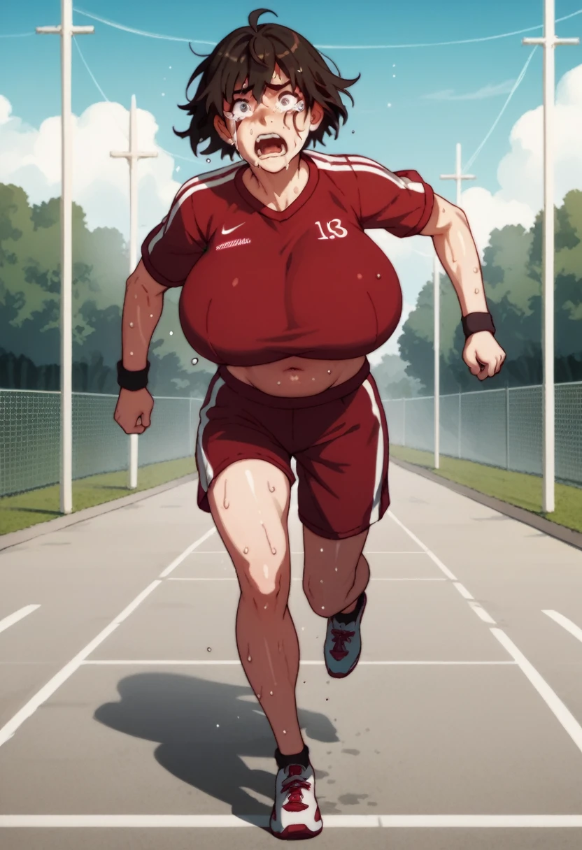 Anime girl, wearing track uniform, sweating and crying, as her gigantic breast and belly distract her from running, other runners pass her