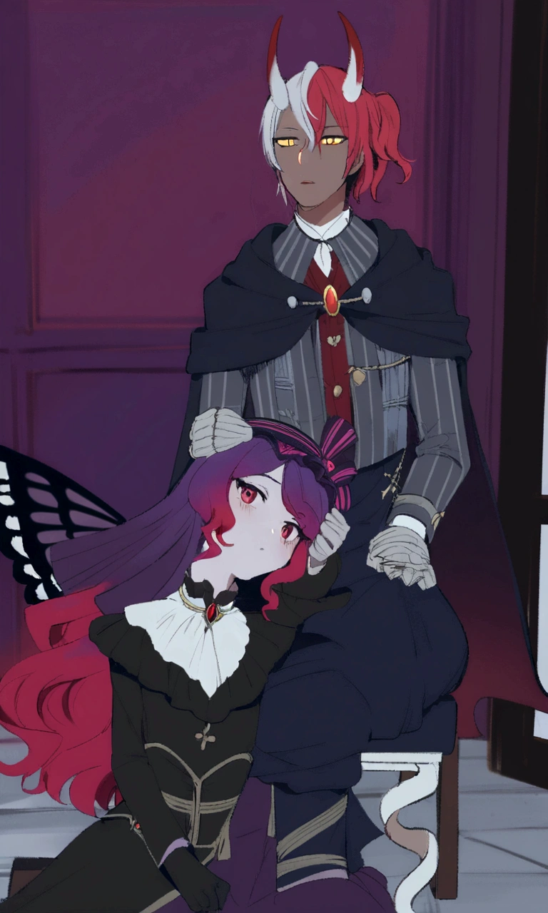 anime characters sitting on a chair with a devil on their head, shalltear bloodfallen, shalltear from overlord, ((wearing aristocrat robe)), dapper dream demon, both wearing victorian clothes, wearing a black noble suit, inspired by Okumura Masanobu, has black wings, medium shot of two characters, noire moody scene