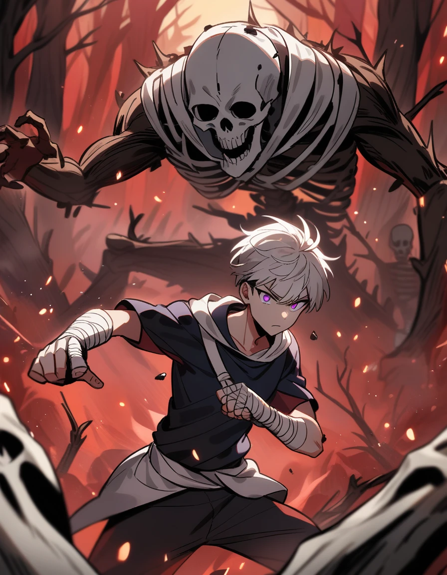 Greek boy with white hair, violet eyes, with bandaged fists, destroying a skeleton with one punch in a red forest with dead trees