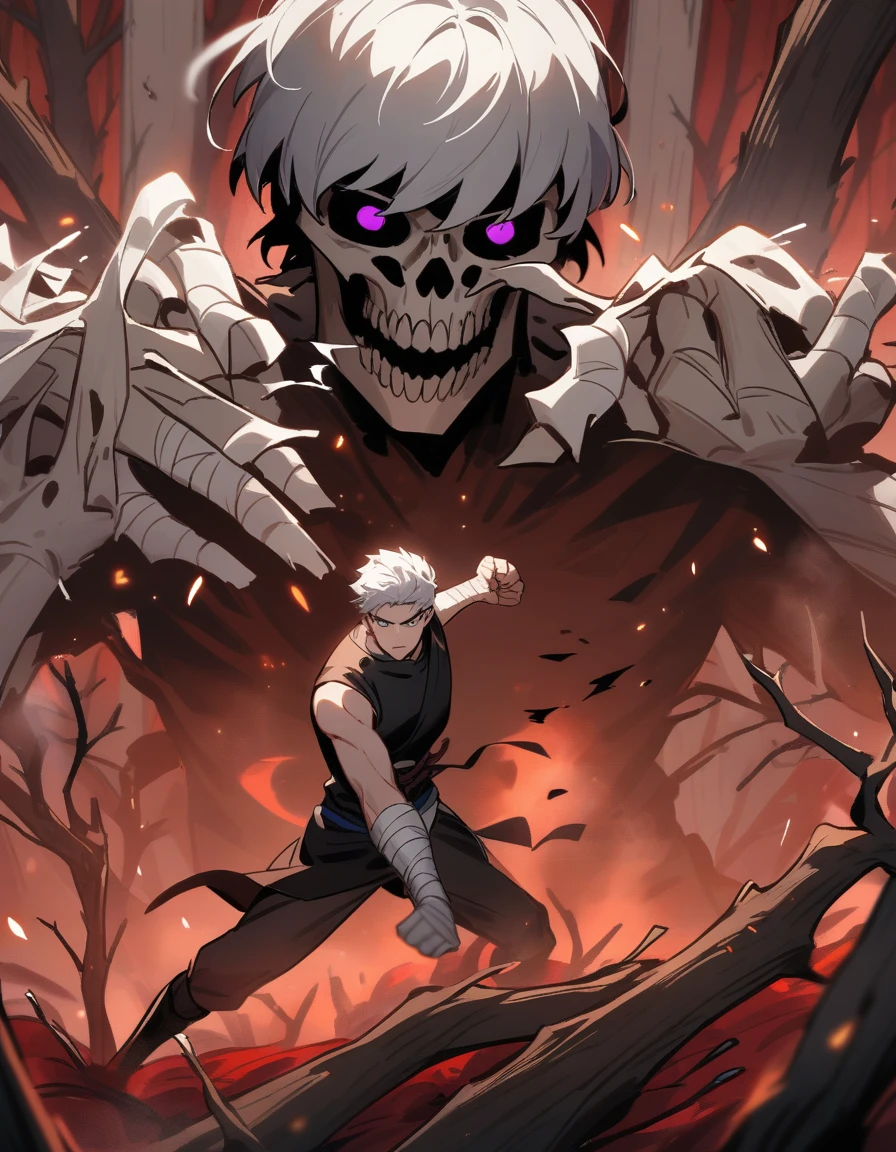 Greek boy with white hair, violet eyes, with bandaged fists, destroying a skeleton with one punch in a red forest with dead trees