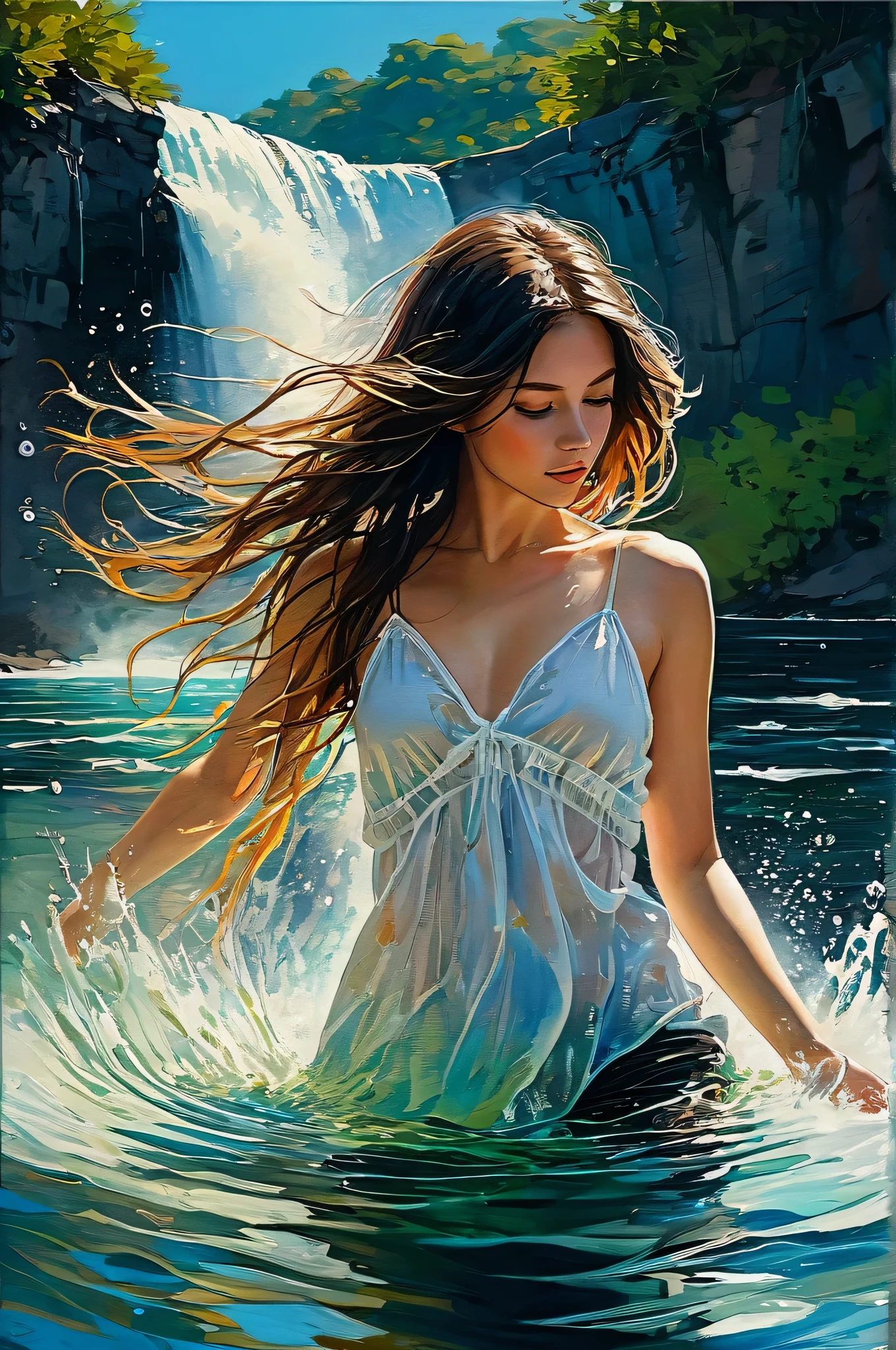 stunning realistic picture, masterpiece, high detail, small touches, positive and joyful tones, use natural color, шикарная nude девушка в воде, angle of half a girl in waist-deep water, that part of the body that is visible in the water, the water is crystal clear and transparent, the girl is dry from the waist up, hair blowing in the wind, hands raised straightens hair, against the backdrop of a waterfall, nude , raw style art, characterized by bright and delicate colors, thick textured paint, intense black strokes, and affected parts ral-drptpl , half my lens is underwater, second part above water