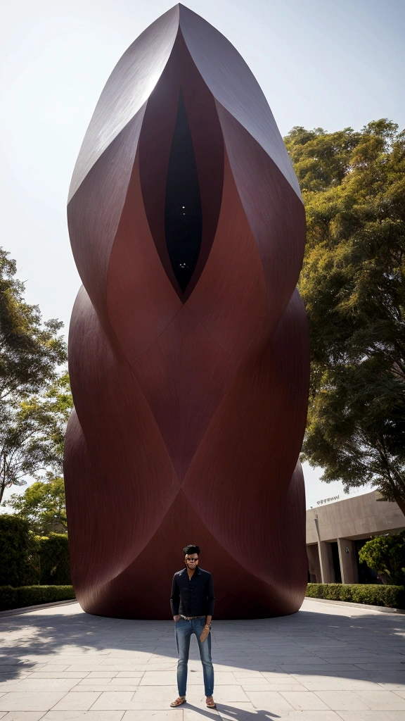 there is a man standing on a sidewalk in front of a large sculpture, candid picture, very artistic pose, full body photogenic shot, taken with sony alpha 9, with accurate face, with a cool pose, candid photo, stylish pose, full body photgraph, jayison devadas style, inspired by Saurabh Jethani, shot on nikon z9 maroon shirt