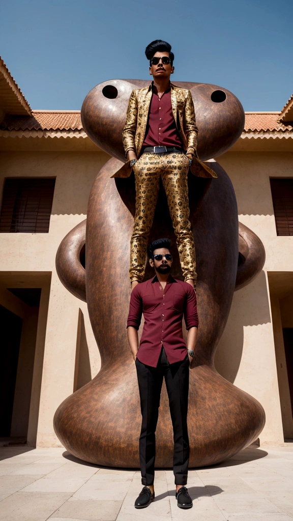there is a man standing on a sidewalk in front of a large sculpture, candid picture, very artistic pose, full body photogenic shot, taken with sony alpha 9, with accurate face, with a cool pose, candid photo, stylish pose, full body photgraph, jayison devadas style, inspired by Saurabh Jethani, shot on nikon z9 maroon shirt