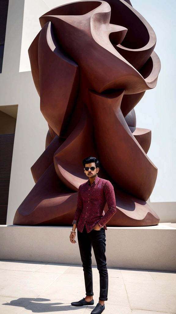 there is a man standing on a sidewalk in front of a large sculpture, candid picture, very artistic pose, full body photogenic shot, taken with sony alpha 9, with accurate face, with a cool pose, candid photo, stylish pose, full body photgraph, jayison devadas style, inspired by Saurabh Jethani, shot on nikon z9 maroon shirt 