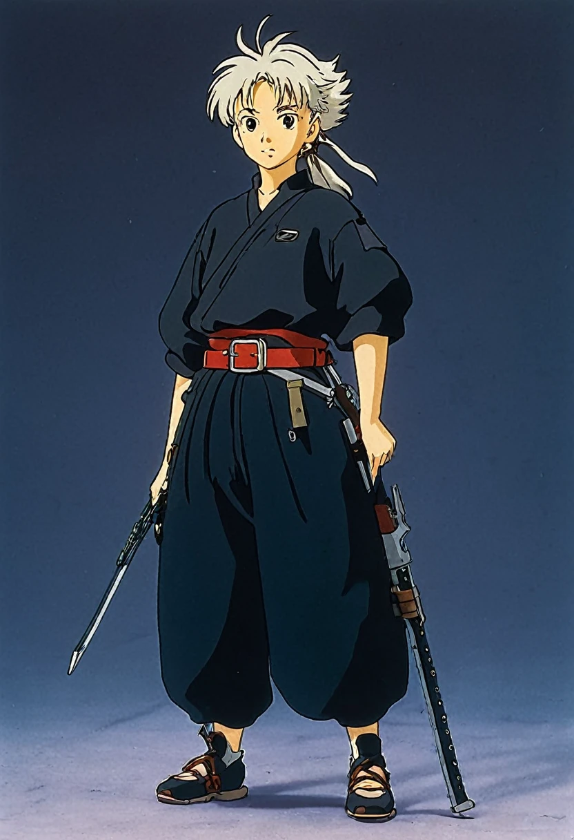 A Ghibli's studio character. With messy bicolor hair and dark large clothes. Her belt is large and hold some weapons