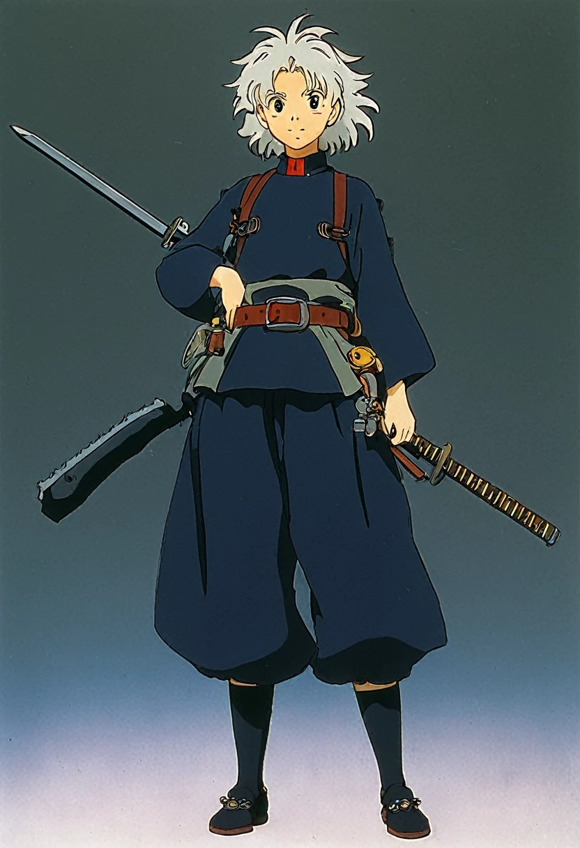 A Ghibli's studio character. With messy bicolor  hair and dark large clothes. Her belt is large and hold some weapons