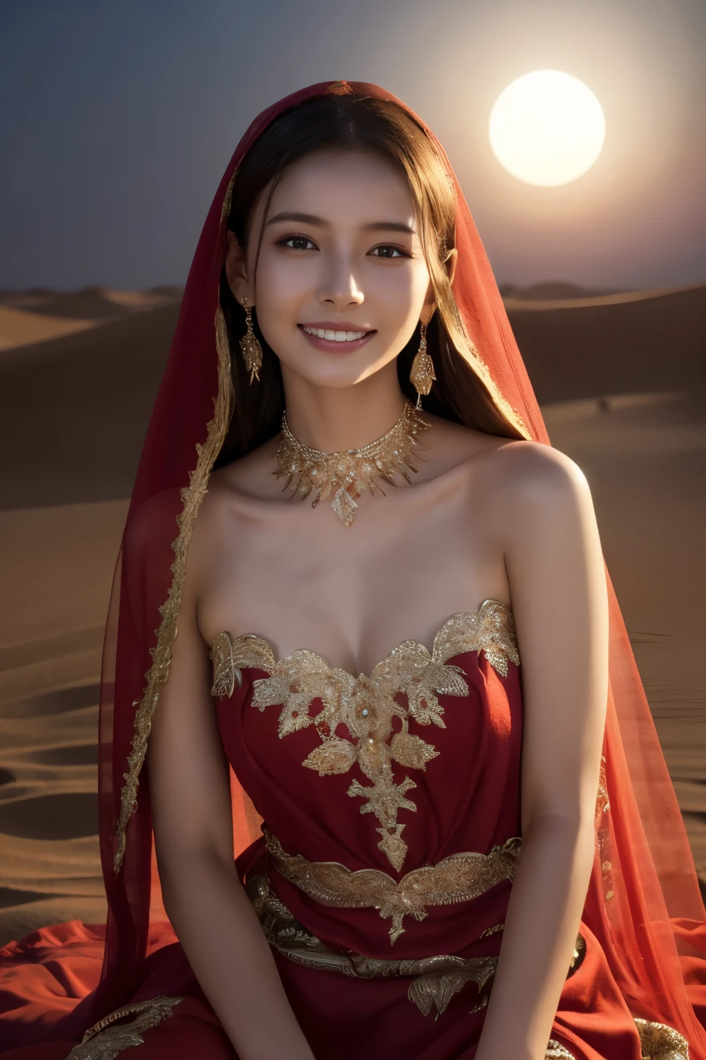 1 Girl, (Wear a bright red Arabian Nights-style costume:1.2), (Veil), Very beautiful Japanese idol portraits, 
(RAW Photos, Highest quality), (Realistic, Realistic:1.4), (masterpiece), 
Very delicate and beautiful, Very detailed, 2k wallpaper, wonderful, finely, Very detailed CG Unity 8K wallpaper, Very detailed, High resolution, Soft Light, 
Beautiful detailed girl, Very detailed目と顔, Beautiful and sophisticated nose, Beautiful and beautiful eyes, Cinema Lighting, 
(Moonlit night in the Sahara desert:1.3), (Big Moon), (Sand Dunes), (Sitting on the bonnet of a car:1.3), (whole body), (Transmits light), (Dark screen:1.5), (Hair and outfits fluttering in the wind), 
(Medium Hair), (whole body), 
Complete Anatomy, Slender body, Small breasts, smile, happiness, (teeth)