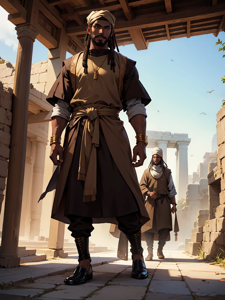 Full length Sumerian guy, dressed in brown clothes, dark skin