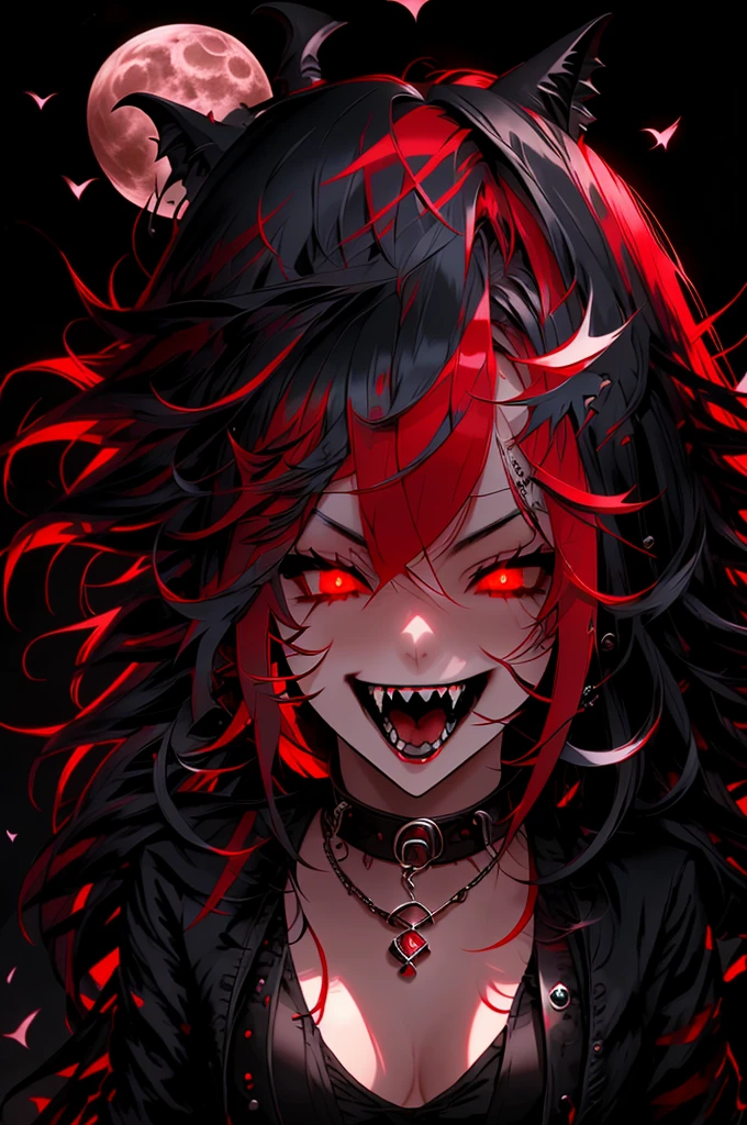 emo girl vampire bat fangs long red hair with red eyes white moon high quality