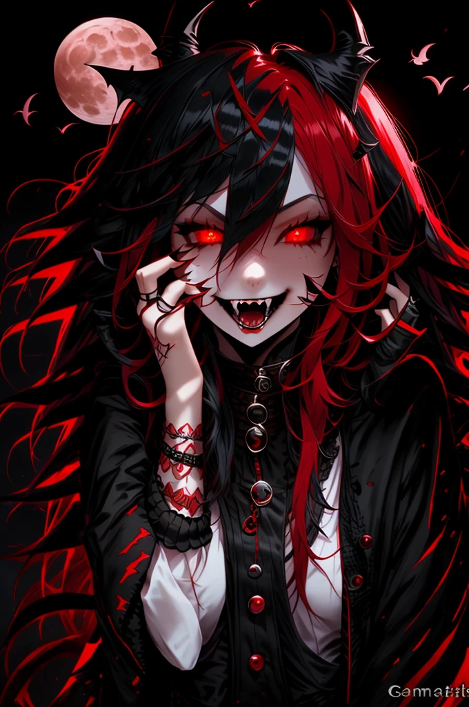 emo girl vampire bat fangs long red hair with red eyes white moon high quality