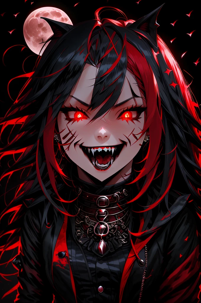 emo girl vampire bat fangs long red hair with red eyes white moon high quality