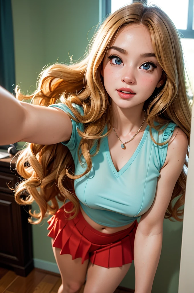 (Masterpiece, Professional lighting, 16k, 8k wallpaper, raw photo, photorealistic:1.8, ultra detailed, , slightly wide angle lens, natural  lighting, detailed skin, detailed face, detailed eyes), 1 joyous girl, selfie shot from front, full body image , long curly blond hair with bangs,  necklace, green eyes, sexy gaze inviting look, baby blue top short, red skirt, joyous, posing for boyfriend pictures