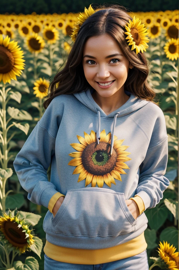 High detail face, Pixar Style, cartoon characters, Cute 3d rendering, Waist-length portrait of cute honey-eyed woman in her 30s wearing sweatshirt with ROUSS letters on the front, smile, sunflower field, natural skin texture, textura 4K, HDR, intricate, Very detailed, sharp focus, cinematic look, super detailed, -IW 1.5