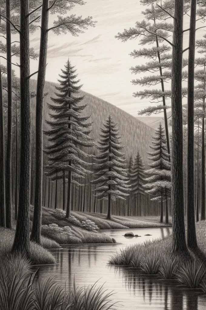 Pencil drawing of a forest landscape at dusk