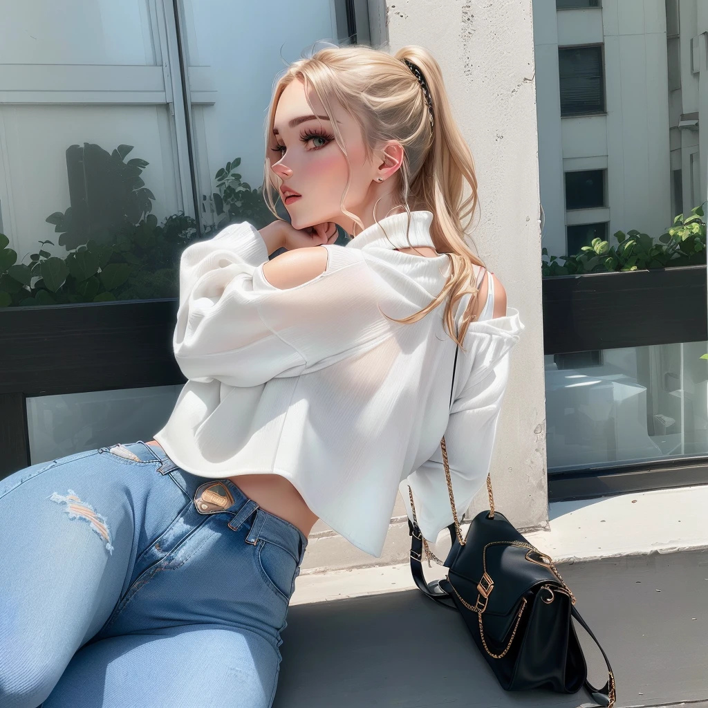 araffed woman sitting on a ledge with a purse and a handbag, mia kischner, Casual pose, Aleksandra Waliszewska, wearing a crop tops, cool looking, casual wear, wearing a sexy crop top, John shouted, wearing a crop top, Style by Julia Razumova, sweet girl, 😭 🤮 💕 🎀