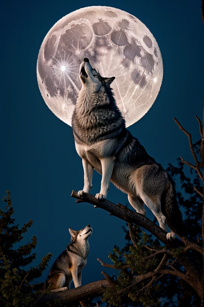 A wolf howling in a tree with the full moon in the background