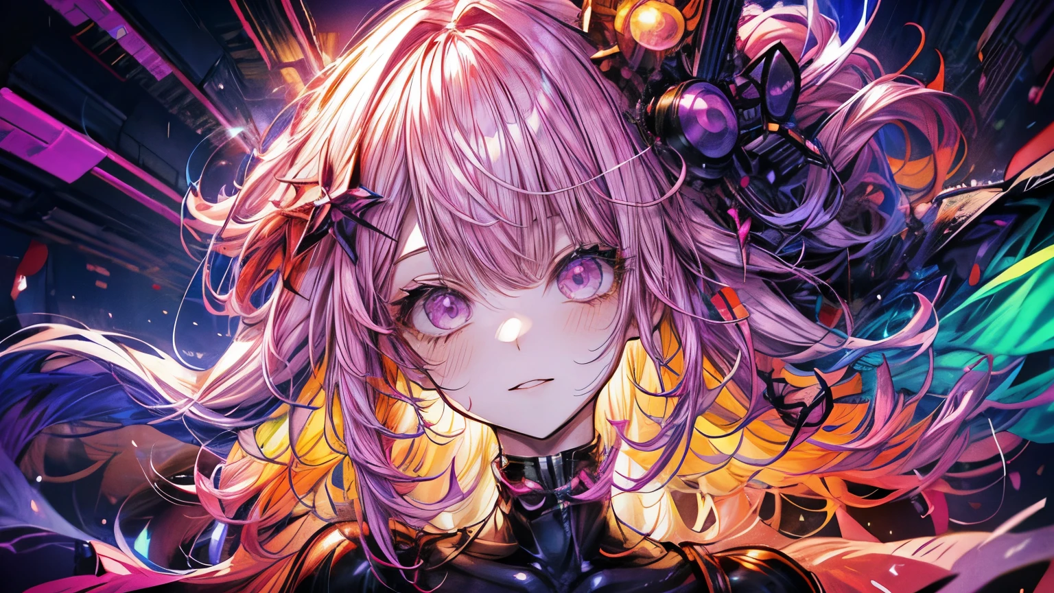 anime shiny flourescent curly hair, neon orange neon purple color