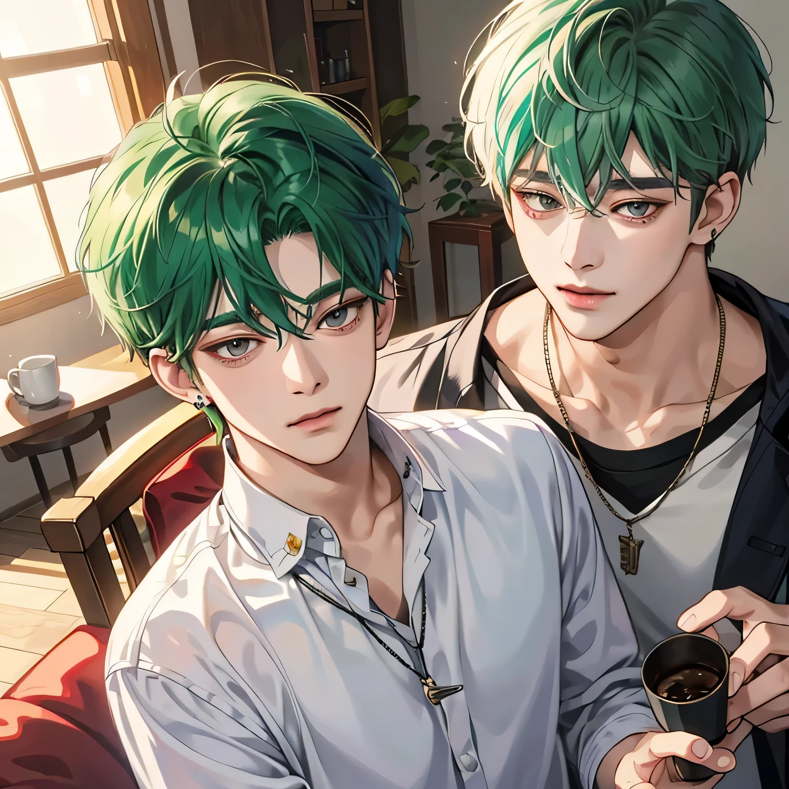 Work in Guviza style, made with anime painter studio., anime realismスタイル, realistic anime style, Drawn by Anime Painter., Inspired by Kim Taehyung, anime style, anime handsome man, Inspired by Kim Taehyung, anime realism、green hair、careless smile、necklace、Multiple piercingan with short hair、one man、Inspired by Kim Taehyung、Inspired by Kim Taehyung、grey eyes、Cloak、morning、coffee、one man、Inspired by Kim Taehyung、