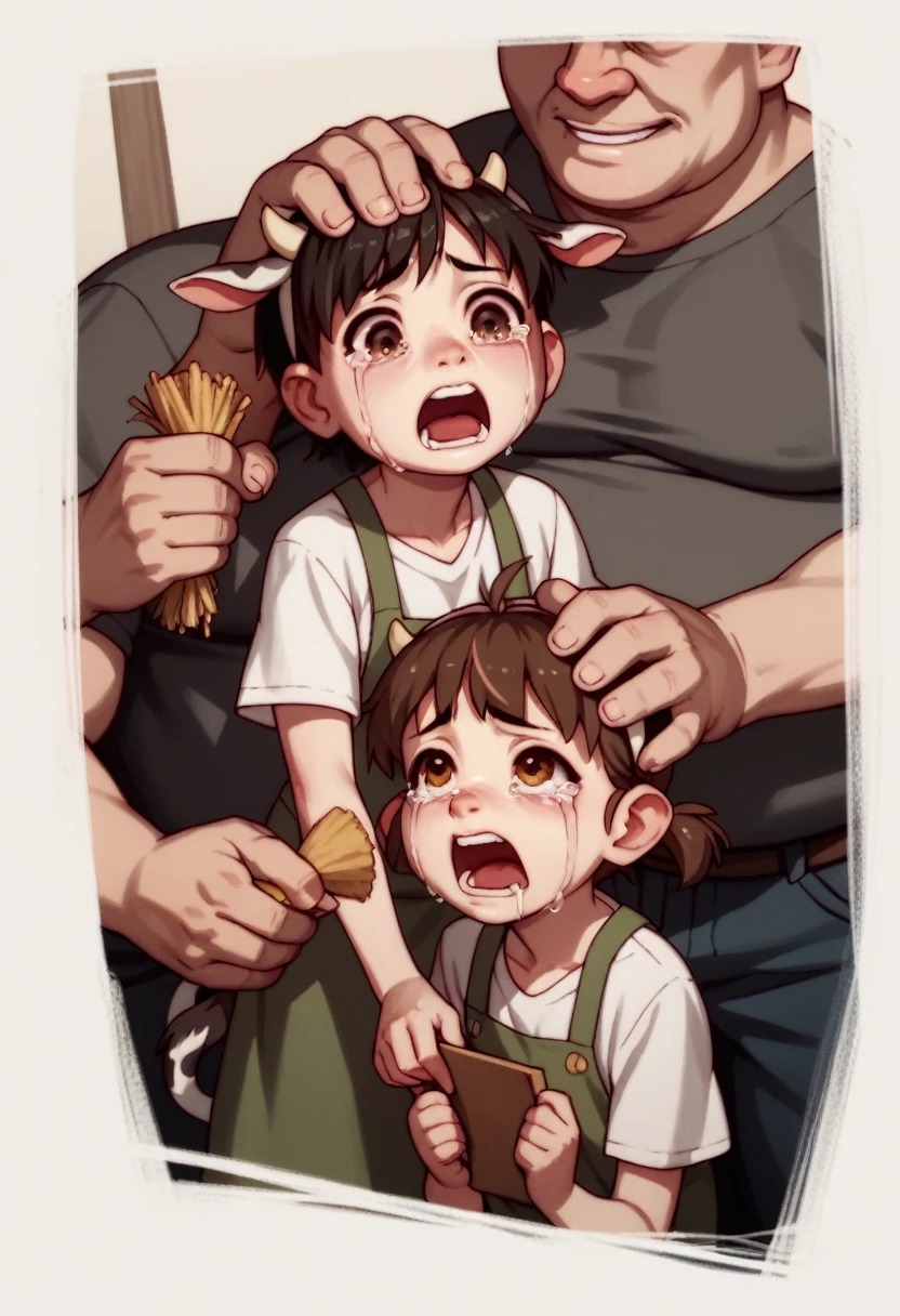 a group of young crying girls, children getting transforemd into, fat thicc, cows