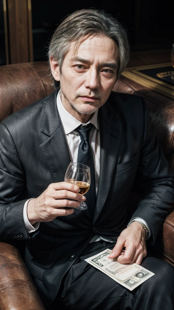 rich man aged between 50 and 60 years old, sitting in an armchair, and some wad of money holding a glass of whiskey, wearing suit