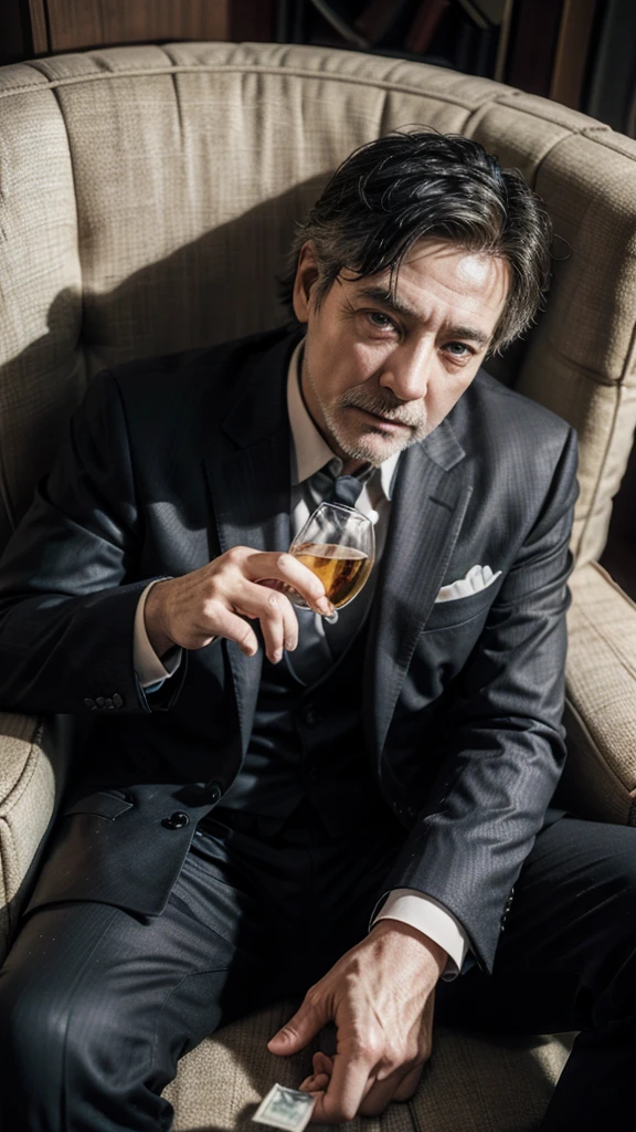 rich man aged between 50 and 60 years old, sitting in an armchair, and some wad of money holding a glass of whiskey, wearing suit