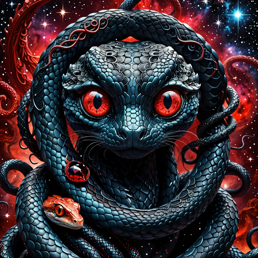 A high-resolution image red and black color. (1eyes of snake), intense and piercing, set against a backdrop of tentacles. The tentacles form intricate, complex patterns representing wisdom and the universe. Interspersed among the tentacles are black gems, their facets catching light and adding depth. The background is a cosmic scene with stars and nebulas, enhancing the theme of the universe. The lighting is soft, highlighting the red eyes and the gleaming black gems, creating a mystical and profound atmosphere.