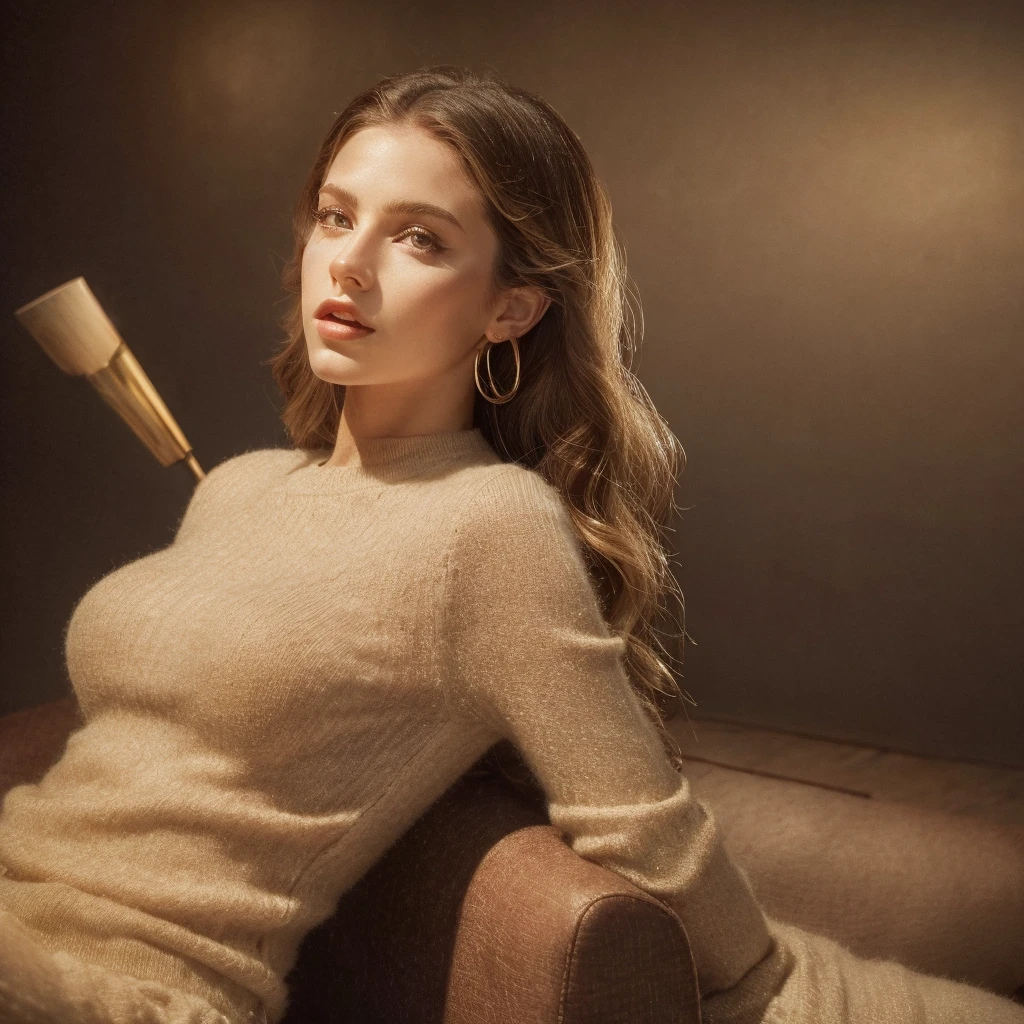 Create a highly realistic image of a 19-year-old virtual influencer named Lila Harper. She is young, with a symmetrical face, harmonious features, large expressive eyes, flawless and glowing skin, and long wavy light brown hair with golden highlights. Lila has a well-proportioned, attractive body. She is posing artistically in a creative studio setting with interesting lighting and props. Lila is wearing a stylish, modern outfit that combines elegance and edge, such as a chic, fitted blouse paired with high-waisted trousers and statement accessories. The studio features soft, ambient lighting that casts intriguing shadows, with props like abstract sculptures, vintage furniture, and artistic backdrops to enhance the visual appeal. Lila is posing confidently, with a thoughtful expression, showcasing both her beauty and the artistic atmosphere of the setting.