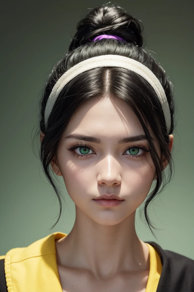 A white woman with a 12-inch scar on her face, green eyes and black hair with yellow tips at the back.