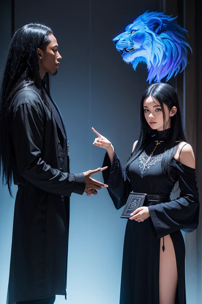 A young white woman with black hair streaked with blue is dressed in black. She is holding a purple book. Next to her is a large red lion. On the other side is a dark-skinned wizard, making a magical gesture.