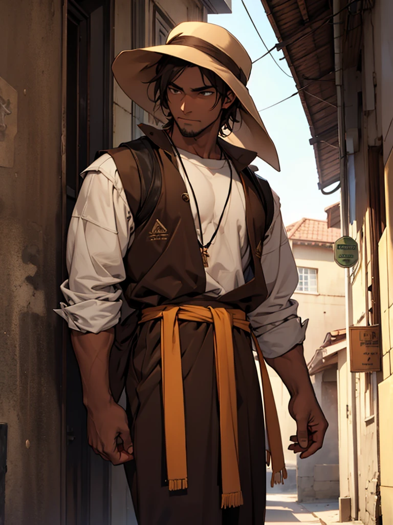 Sumerian guy, dressed in brown clothes, dark skin