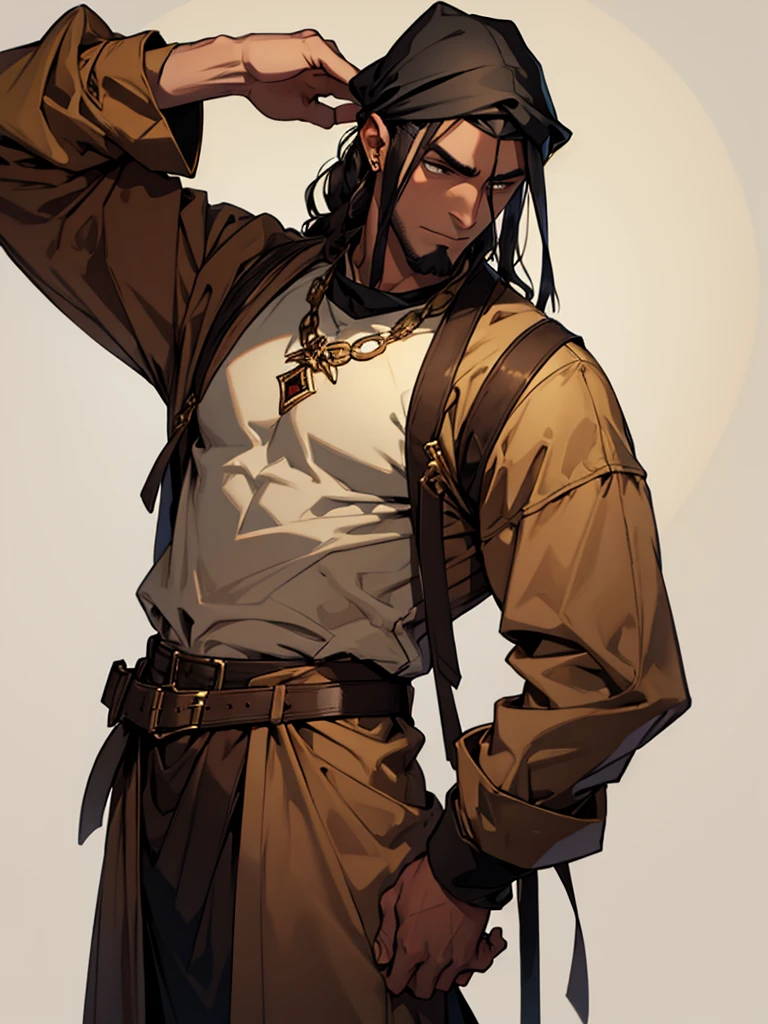 Sumerian guy, dressed in brown clothes, dark skin