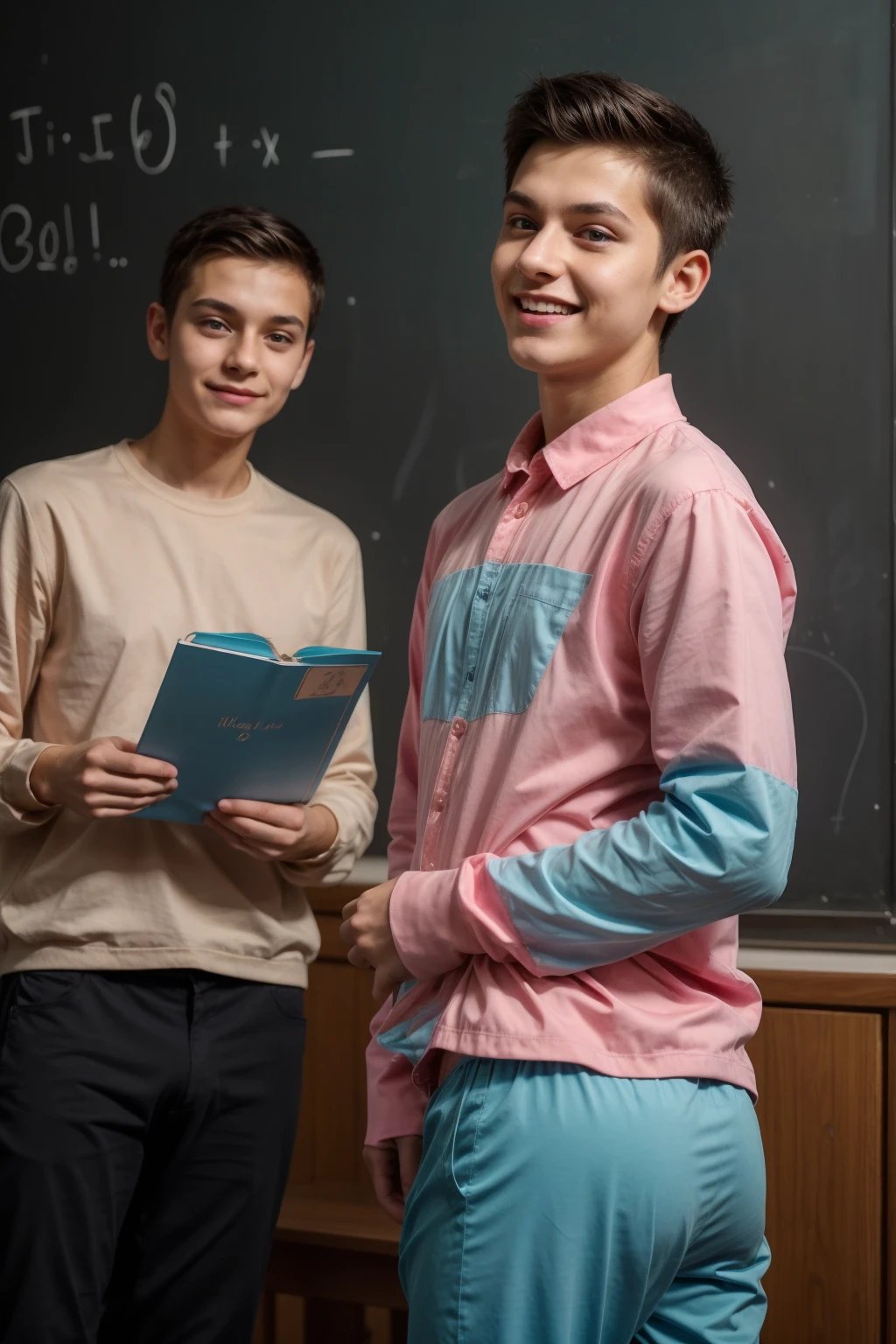 A beautiful young twink, cute male, with black hair and a face with makeup. He is wearing a bright pink long-sleeved shirt and tight aqua blue pants. He is in his graduation speech, talking enthusiastically about calculus. Behind him is a blackboard with calculus written on it, looking proudly.