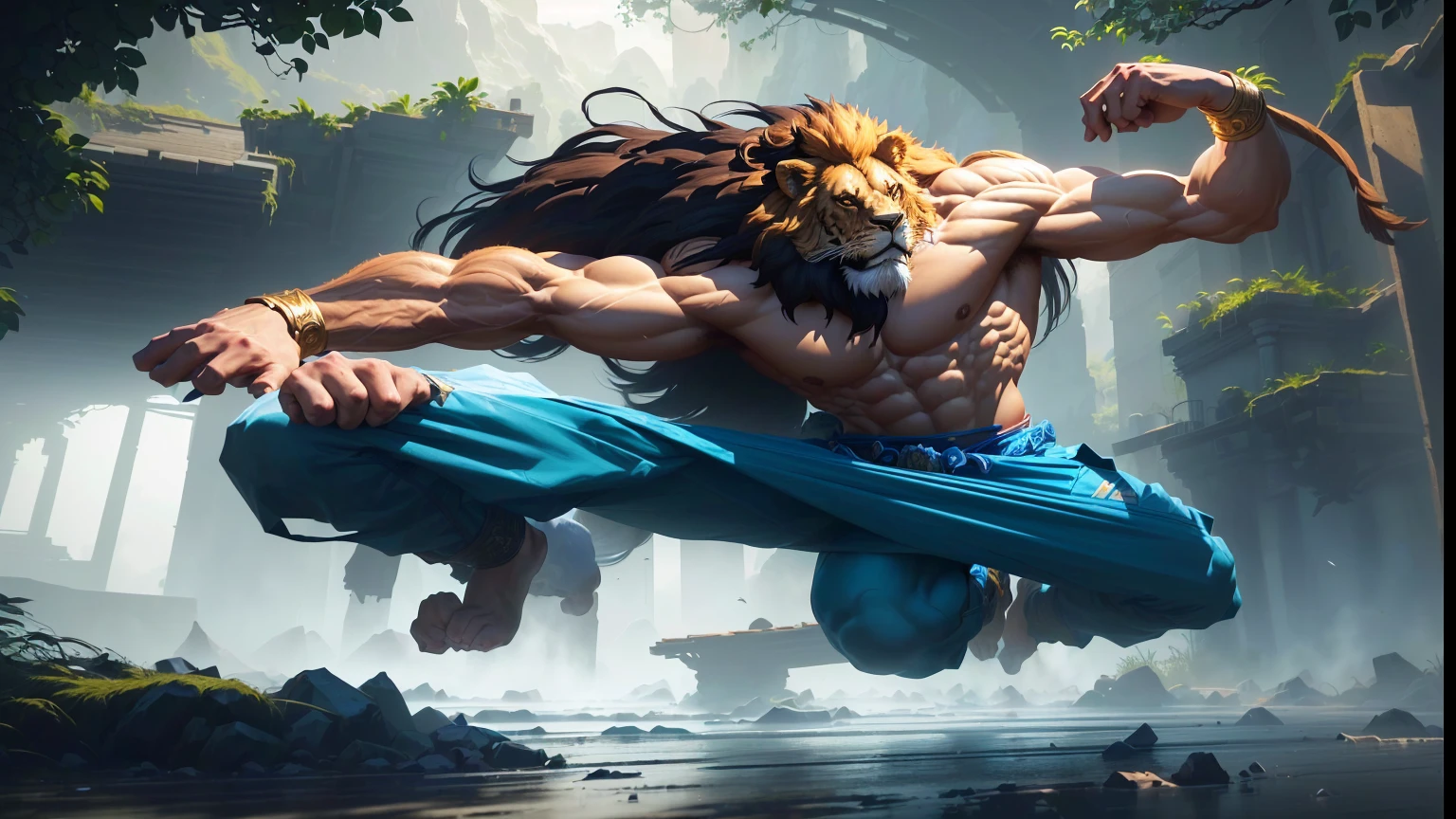 Lion bodybuilder, 8k, kung fu training, jungle