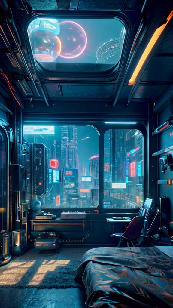 ((masterpiece)), (ultra-detailed), (intricate details), (high resolution CGI artwork 8k), Create an image of a retro futuristic cyberpunk bedroom. One of the walls should feature a big window with a busy, colorful, and detailed cyberpunk cityscape. Futuristic style with lots of colors and LED lights. The cityscape should be extremely detailed with depth of field. Utilize atmospheric lighting to create depth and evoke the feel of a busy futuristic city outside the window. Pay close attention to face details like intricate, hires eyes and bedroom accents. Camera: wide shot showing the room and the window. The window should be the focal point of the image. Lighting: use atmospheric and volumetric lighting to enhance the cityscape details. The room should be illuminated by the neon lights from the cityscape.