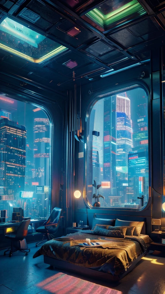 ((masterpiece)), (ultra-detailed), (intricate details), (high resolution CGI artwork 8k), Create an image of a retro futuristic cyberpunk bedroom. One of the walls should feature a big window with a busy, colorful, and detailed cyberpunk cityscape. Futuristic style with lots of colors and LED lights. The cityscape should be extremely detailed with depth of field. Utilize atmospheric lighting to create depth and evoke the feel of a busy futuristic city outside the window. Pay close attention to face details like intricate, hires eyes and bedroom accents. Camera: wide shot showing the room and the window. The window should be the focal point of the image. Lighting: use atmospheric and volumetric lighting to enhance the cityscape details. The room should be illuminated by the neon lights from the cityscape.