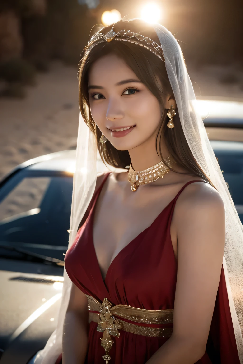 1 Girl, (Wear a bright red Arabian Nights-style costume:1.2), (Veil), Very beautiful Japanese idol portraits, 
(RAW Photos, Highest quality), (Realistic, Realistic:1.4), (masterpiece), 
Very delicate and beautiful, Very detailed, 2k wallpaper, wonderful, finely, Very detailed CG Unity 8K wallpaper, Very detailed, High resolution, Soft Light, 
Beautiful detailed girl, Very detailed目と顔, Beautiful and sophisticated nose, Beautiful and beautiful eyes, Cinema Lighting, 
(Moonlit night in the Sahara:1.3), (Big Moon), (Sand Dunes), (Sit on the hood of a car:1.3), (whole body), (Transmits light), (Dark screen:1.5), (Hair and outfits fluttering in the wind), 
(Medium Hair), (whole body), 
Complete Anatomy, Slender body, Small breasts, smile, happiness, (teeth)