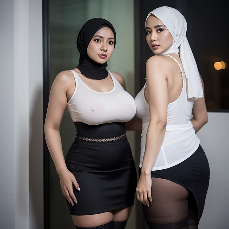 2woman lesbian Old, Hijab Indonesian Beautiful mature woman, Big Tits : 26.9, female Doctor, wearing tank Top, wearing Hot Short Skirt, wearing Stockings, curvy body, Tight Clothes, Sexy Pose, at doctor office, Dark light, at Nighttime.