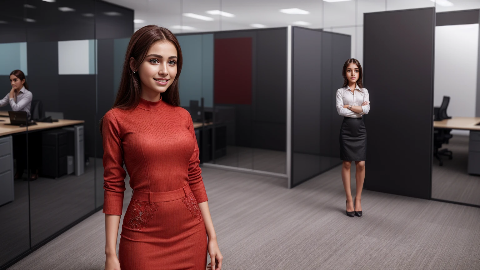 customer service girl, 8k, masterpiece, RAW photo, best quality, photorealistic, extremely detailed CG unity 8k wallpaper, Depth of field, Cinematic Light, Lens Flare, Ray tracing, (extremely beautiful face, beautiful lips, beautiful eyes), intricate detail face, ((ultra detailed skin)), ((1girl:1.9)), ((standing alone:1.9)), ((19years old)), (beautiful and aesthetic:1.2), (big smile:1.2), deep shadow, (sharp focus), [((Raiana-Elizabeth-Dilla:1.9))], pretty girl, (very slim slender fit-muscled body:1.9), (((business-style fashion:1.9))), (((modern office background:1.9))), (shiny skin), clear eyes, (pale skin), ((whole-body-view:1.9)), ((full-body:1.9, cinematic shot)), soft lighting, (flowing dark-black hair), (looking at viewer:1.9),highly detailed, ultra realistic, extremely detailed and realistic ((red:1.5)) clothes.